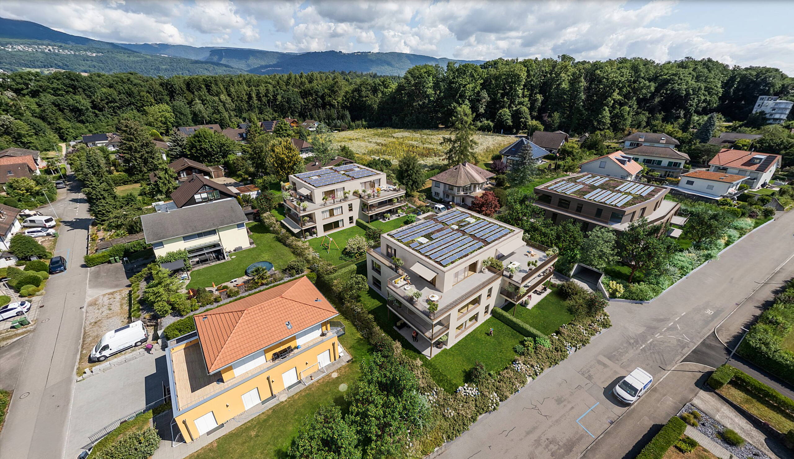 AmWald - Projet de construction neuve : vue d'ensemble AmWald - Projet de construction neuve : vue aérienne, Brügg, UrbanCasa